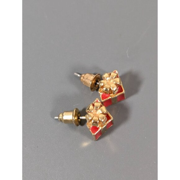 Vintage Avon Christmas Gift Present Earrings Gold Tone Red Pierced Stud - Picture 3 of 5